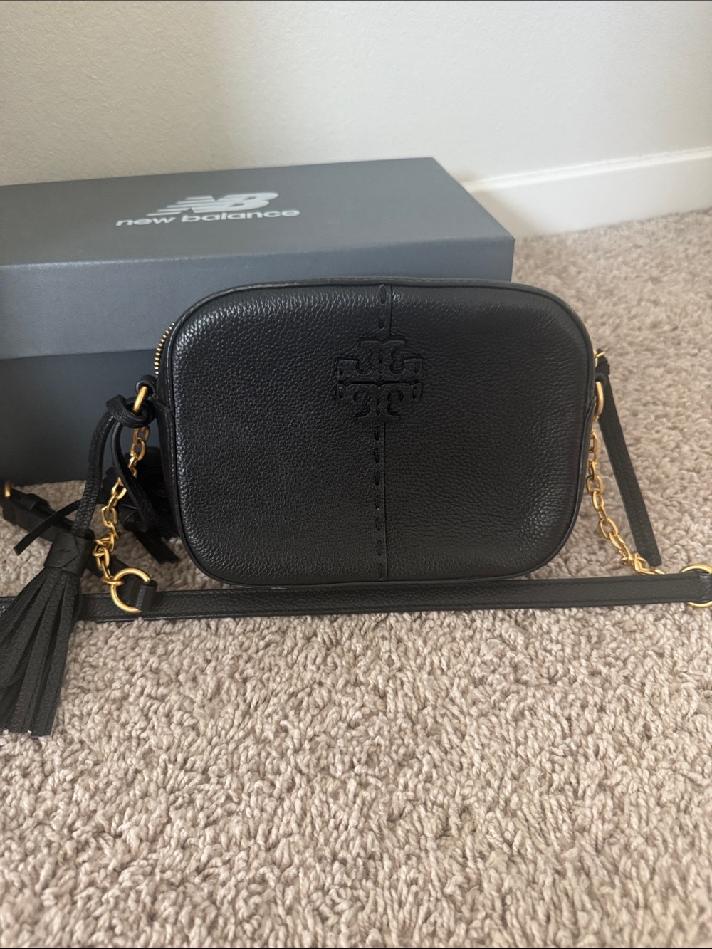 Tory Burch Black Leather Crossbody with Tassel & Gold Hardware
